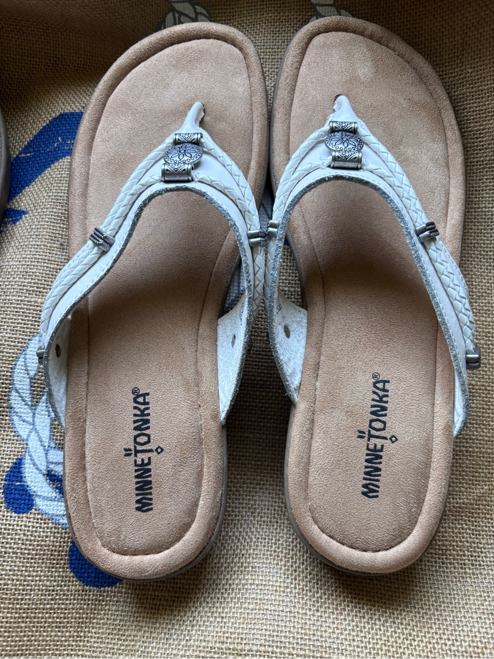 Minnetonka White Braided Thong Sandals with Silver Accents